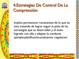 4.Estrategias De Control De La4.Estrategias De Control De La
Comprensión:Comprensión:
Implica permanecer conscientes de lo que se
esta tratando de lograr seguir la pista de las
estrategias que se desarrollan y el exito
logrado con ella y adaptar la conducta
ejemplo:planificación,evaluacion ,regulacion
 