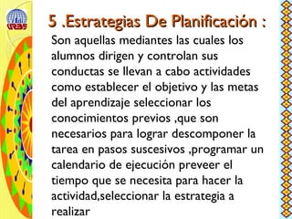 5 .Estrategias De Planificación :5 .Estrategias De Planificación :
Son aquellas mediantes las cuales los
alumnos dirigen y controlan sus
conductas se llevan a cabo actividades
como establecer el objetivo y las metas
del aprendizaje seleccionar los
conocimientos previos ,que son
necesarios para lograr descomponer la
tarea en pasos suscesivos ,programar un
calendario de ejecución preveer el
tiempo que se necesita para hacer la
actividad,seleccionar la estrategia a
realizar
 