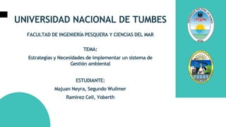 UNIVERSIDAD NACIONAL DE TUMBES
FACULTAD DE INGENIERÍA PESQUERA Y CIENCIAS DEL MAR
TEMA:
Estrategias y Necesidades de implementar un sistema de
Gestión ambiental
ESTUDIANTE:
Majuan Neyra, Segundo Wuilmer
Ramírez Celi, Yoberth
 