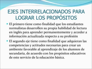 EJES INTERRELACIONADOS PARA LOGRAR LOS PROPÓSITOS El primero tiene como finalidad que los estudiantes normalistas desarrollen su propia habilidad de lectura en inglés para aprender permanentemente y acceder a información actualizada respecto a su profesión El segundo eje tiene como finalidad que adquieran las competencias y actitudes necesarias para crear un ambiente favorable al aprendizaje de los alumnos de secundaria, de acuerdo con los propósitos educativos de este servicio de la educación básica. 
