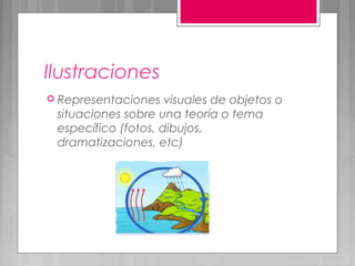 Ilustraciones
 Representaciones   visuales de objetos o
 situaciones sobre una teoría o tema
 específico (fotos, dibujos,
 dramatizaciones, etc)
 
