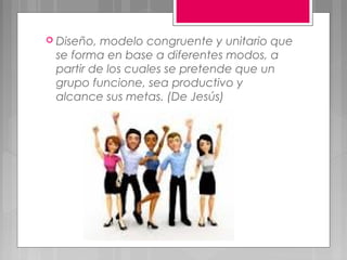  Diseño, modelo congruente y unitario que
 se forma en base a diferentes modos, a
 partir de los cuales se pretende que un
 grupo funcione, sea productivo y
 alcance sus metas. (De Jesús)
 