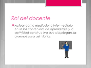 Rol del docente
 Actuar como mediador o intermediario
 entre los contenidos de aprendizaje y la
 actividad constructiva que despliegan los
 alumnos para asimilarlos.
 