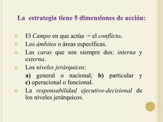 La  estrategia tiene 5 dimensiones de acción:  El Campo en que actúa  = el conflicto.Los ámbitos o áreas específicas.Las caras que son siempre dos: internayexterna. Los niveles jerárquicos:        a) general o nacional; b) particular y                    c) operacional o funcional. La responsabilidadejecutivo-decisional de los niveles jerárquicos.