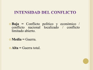  intensidad del conflictoBaja = Conflicto político y económico / conflicto nacional localizado / conflicto limitado abierto. Media = Guerra.Alta = Guerra total.