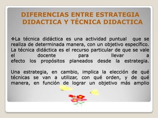 DIFERENCIAS ENTRE ESTRATEGIA
    DIDACTICA Y TÉCNICA DIDACTICA

La técnica didáctica es una actividad puntual que se
realiza de determinada manera, con un objetivo específico.
La técnica didáctica es el recurso particular de que se vale
el          docente           para          llevar         a
efecto los propósitos planeados desde la estrategia.

Una estrategia, en cambio, implica la elección de qué
técnicas se van a utilizar, con qué orden, y de qué
manera, en función de lograr un objetivo más amplio
 