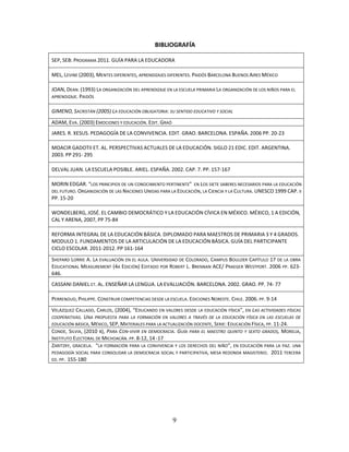 9
BIBLIOGRAFÍA
SEP, SEB: PROGRAMA 2011. GUÍA PARA LA EDUCADORA
MEL, LEVINE (2003), MENTES DIFERENTES, APRENDIZAJES DIFERENTES. PAIDÓS BARCELONA BUENOS AIRES MÉXICO
JOAN, DEAN. (1993) LA ORGANIZACIÓN DEL APRENDIZAJE EN LA ESCUELA PRIMARIA LA ORGANIZACIÓN DE LOS NIÑOS PARA EL
APRENDIZAJE. PAIDÓS
GIMENO, SACRISTÁN (2005) LA EDUCACIÓN OBLIGATORIA: SU SENTIDO EDUCATIVO Y SOCIAL
ADAM, EVA. (2003) EMOCIONES Y EDUCACIÓN. EDIT. GRAÓ
JARES. R. XESUS. PEDAGOGÍA DE LA CONVIVENCIA. EDIT. GRAO. BARCELONA. ESPAÑA. 2006 PP. 20-23
MOACIR GADOTII ET. AL. PERSPECTIVAS ACTUALES DE LA EDUCACIÓN. SIGLO 21 EDIC. EDIT. ARGENTINA.
2003. PP 291- 295
DELVAL JUAN. LA ESCUELA POSIBLE. ARIEL. ESPAÑA. 2002. CAP. 7. PP. 157-167
MORIN EDGAR. “LOS PRINCIPIOS DE UN CONOCIMIENTO PERTINENTE” EN LOS SIETE SABERES NECESARIOS PARA LA EDUCACIÓN
DEL FUTURO. ORGANIZACIÓN DE LAS NACIONES UNIDAS PARA LA EDUCACIÓN, LA CIENCIA Y LA CULTURA. UNESCO 1999 CAP. II
PP. 15-20
WONDELBERG, JOSÉ. EL CAMBIO DEMOCRÁTICO Y LA EDUCACIÓN CÍVICA EN MÉXICO. MÉXICO, 1 A EDICIÓN,
CAL Y ARENA, 2007, PP 75-84
REFORMA INTEGRAL DE LA EDUCACIÓN BÁSICA. DIPLOMADO PARA MAESTROS DE PRIMARIA 3 Y 4 GRADOS.
MODULO 1. FUNDAMENTOS DE LA ARTICULACIÓN DE LA EDUCACIÓN BÁSICA. GUÍA DEL PARTICIPANTE
CICLO ESCOLAR. 2011-2012. PP 161-164
SHEPARD LORRIE A. LA EVALUACIÓN EN EL AULA. UNIVERSIDAD DE COLORADO, CAMPUS BOULDER CAPÍTULO 17 DE LA OBRA
EDUCATIONAL MEASUREMENT (4A EDICIÓN) EDITADO POR ROBERT L. BRENNAN ACE/ PRAEGER WESTPORT. 2006 PP. 623-
646.
CASSANI DANIEL ET. AL. ENSEÑAR LA LENGUA. LA EVALUACIÓN. BARCELONA. 2002. GRAO. PP. 74- 77
PERRENOUD, PHILIPPE. CONSTRUIR COMPETENCIAS DESDE LA ESCUELA. EDICIONES NORESTE. CHILE. 2006. PP. 9-14
VELÁZQUEZ CALLADO, CARLOS, (2004), “EDUCANDO EN VALORES DESDE LA EDUCACIÓN FÍSICA”, EN LAS ACTIVIDADES FÍSICAS
COOPERATIVAS. UNA PROPUESTA PARA LA FORMACIÓN EN VALORES A TRAVÉS DE LA EDUCACIÓN FÍSICA EN LAS ESCUELAS DE
EDUCACIÓN BÁSICA, MÉXICO, SEP, MATERIALES PARA LA ACTUALIZACIÓN DOCENTE, SERIE: EDUCACIÓN FÍSICA, PP. 11-24.
CONDE, SILVIA, (2010 B), PARA CON-VIVIR EN DEMOCRACIA. GUÍA PARA EL MAESTRO QUINTO Y SEXTO GRADOS, MORELIA,
INSTITUTO ELECTORAL DE MICHOACÁN. PP. 8-12, 14 -17
ZARITZKY, GRACIELA. “LA FORMACIÓN PARA LA CONVIVENCIA Y LOS DERECHOS DEL NIÑO”, EN EDUCACIÓN PARA LA PAZ. UNA
PEDAGOGÍA SOCIAL PARA CONSOLIDAR LA DEMOCRACIA SOCIAL Y PARTICIPATIVA, MESA REDONDA MAGISTERIO. 2011 TERCERA
ED. PP. 155-180
 