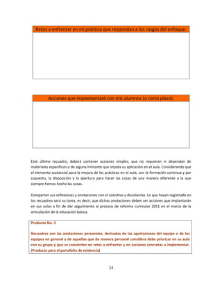 24
Retos a enfrentar en mi práctica que respondan a los rasgos del enfoque:
Acciones que implementaré con mis alumnos (a corto plazo):
Este último recuadro, deberá contener acciones simples, que no requieran ni dependan de
materiales específicos o de alguna limitante que impida su aplicación en el aula. Considerando que
el elemento sustancial para la mejora de las prácticas en el aula, son la formación continua y por
supuesto, la disposición y la apertura para hacer las cosas de una manera diferente a la que
siempre hemos hecho las cosas.
Compartan sus reflexiones y anotaciones con el colectivo y discútanlas. Lo que hayan registrado en
los recuadros será su tarea, es decir, que dichas anotaciones deben ser acciones que implantarán
en sus aulas a fin de dar seguimiento al proceso de reforma curricular 2011 en el marco de la
articulación de la educación básica.
Producto No. 3
Recuadros con las anotaciones personales, derivadas de las aportaciones del equipo o de los
equipos en general y de aquellas que de manera personal considera debe priorizar en su aula
con su grupo y que se convierten en retos a enfrentar y en acciones concretas a implementar.
(Producto para el portafolio de evidencia)
 