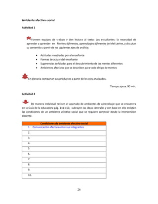 26
Ambiente afectivo- social
Actividad 1
Formen equipos de trabajo y den lectura al texto: Los estudiantes: la necesidad de
aprender a aprender en Mentes diferentes, aprendizajes diferentes de Mel Levine, y discutan
su contenido a partir de los siguientes ejes de análisis:
 Actitudes mostradas por el enseñante
 Formas de actuar del enseñante
 Sugerencias señaladas para el descubrimiento de las mentes diferentes
 Ambientes afectivos que se describen para todo el tipo de mentes
En plenaria compartan sus productos a partir de los ejes analizados.
Tiempo aprox. 90 min.
Actividad 2
De manera individual revisen el apartado de ambientes de aprendizaje que se encuentra
en la Guía de la educadora pág. 141-150, subrayen las ideas centrales y con base en ello enlisten
las condiciones de un ambiente afectivo social que se requiere construir desde la intervención
docente.
Condiciones de ambiente afectivo-social
1. Comunicación efectiva entre sus integrantes
2.
3.
4.
5.
6.
7.
8.
9.
10.
 