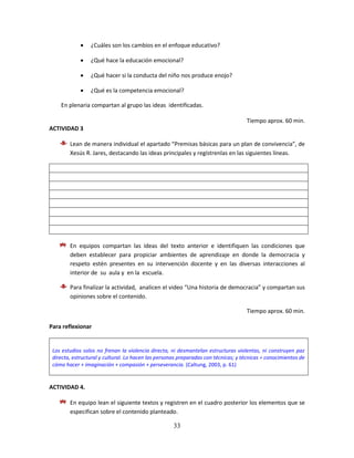 33
 ¿Cuáles son los cambios en el enfoque educativo?
 ¿Qué hace la educación emocional?
 ¿Qué hacer si la conducta del niño nos produce enojo?
 ¿Qué es la competencia emocional?
En plenaria compartan al grupo las ideas identificadas.
Tiempo aprox. 60 min.
ACTIVIDAD 3
Lean de manera individual el apartado “Premisas básicas para un plan de convivencia”, de
Xesús R. Jares, destacando las ideas principales y regístrenlas en las siguientes líneas.
En equipos compartan las ideas del texto anterior e identifiquen las condiciones que
deben establecer para propiciar ambientes de aprendizaje en donde la democracia y
respeto estén presentes en su intervención docente y en las diversas interacciones al
interior de su aula y en la escuela.
Para finalizar la actividad, analicen el video “Una historia de democracia” y compartan sus
opiniones sobre el contenido.
Tiempo aprox. 60 min.
Para reflexionar
Los estudios solos no frenan la violencia directa, ni desmantelan estructuras violentas, ni construyen paz
directa, estructural y cultural. Lo hacen las personas preparadas con técnicas; y técnicas = conocimientos de
cómo hacer + imaginación + compasión + perseverancia. (Caltung, 2003, p. 61)
ACTIVIDAD 4.
En equipo lean el siguiente textos y registren en el cuadro posterior los elementos que se
especifican sobre el contenido planteado.
 