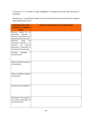 60
la sesiones 4, 5 y 6. Utilice de apoyo bibliográfico el Programa de Estudio 2011 Guía para la
Educadora.
Recuerde que: La planificación deberá ser una herramienta útil para la enseñanza del campo de
desarrollo personal y social.
CONSIDERACIONES PARA
PLANIFICAR LA JORNADA
DIARIA
ASPECTOS A CONSIDERAR EN LA PLANIFICACIÓN
Seleccione algunos de los
aprendizajes esperados y
determine la articulación de los
campos formativos entre ellos.
Determine desde los
aprendizajes esperados si es
necesario una Atención
diferenciada y graduación en
las situaciones de aprendizaje
Construya Consignas y
cuestionamientos
Elabore Actividades de apoyo a
los aprendizajes
Elabore Actividades cotidianas
o permanentes
Seleccione Recursos didácticos
Participación de las familias y
otros adultos responsables de
la atención del niño
 