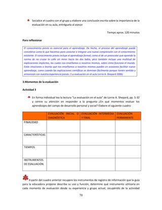 70
Socialice el cuadro con el grupo y elabore una conclusión escrita sobre la importancia de la
evaluación en su aula, entréguela al asesor
Tiempo aprox. 120 minutos
Para reflexionar
El conocimiento previo es esencial para el aprendizaje. De hecho, el proceso del aprendizaje puede
concebirse como lo que hacemos para conectar e integrar una nueva comprensión con el conocimiento
existente. El conocimiento previo incluye el aprendizaje formal, como el de un preescolar que aprende la
norma de no cruzar la calle sin mirar hacia los dos lados, pero también incluye una multitud de
explicaciones implícitas, las cuales nos enseñamos a nosotros mismos, sobre cómo funciona el mundo.
Estas intuiciones o teorías que nos enseñamos a nosotros mismos pueden en ocasiones facilitar nuevo
aprendizaje, como cuando las explicaciones científicas se dominan fácilmente porque tienen sentido y
armonizan con nuestra experiencia previa. ( La evaluación en el aula Lorrie A. Shepard 2006)
3.Momentos de la evaluación
Actividad 3
En forma individual lea la lectura “La evaluación en el aula” de Lorrie A. Shepard, pp. 5-32
y centre su atención en responder a la pregunta ¿En qué momentos evaluar los
aprendizajes del campo de desarrollo personal y social? Elabore el siguiente cuadro:
EVALUACIÓN INICIAL O
DIAGNÓSTICA
EVALUACIÓN INTERMEDIA
Y FINAL
EVALUACIÓN
PERMANENTE
FINALIDAD
CARACTERÍSTICAS
TIEMPOS
INSTRUMENTOS
DE EVALUACIÓN
A partir del cuadro anterior recupere los instrumentos de registro de información que la guía
para la educadora propone describa su uso y función, determine qué instrumento utilizaría en
cada momento de evaluación desde su experiencia y grupo actual, recupérelo de la actividad
 