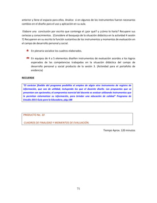 71
anterior y llene el espacio para ellos. Analice si en algunos de los instrumentos fueron necesarios
cambios en el diseño para el uso y aplicación en su aula.
Elabore una conclusión por escrito que contenga el ¿por qué? y ¿cómo lo haría? Recupere sus
certezas y conocimientos. (Considere el bosquejo de la situación didáctica en la actividad 4 sesión
7) Recuperen en su escrito la función sustantiva de los instrumentos y momentos de evaluación en
el campo de desarrollo personal y social.
En plenaria socialice los cuadros elaborados.
En equipos de 4 a 5 elementos diseñen instrumentos de evaluación acordes a los logros
esperados de las competencias trabajadas en la situación didáctica del campo de
desarrollo personal y social producto de la sesión 3. (Actividad para el portafolio de
evidencia)
RECUERDE
“El carácter flexible del programa posibilita el empleo de algún otro instrumento de registro de
información, que sea de utilidad, incluyendo los que el docente diseñe. Las propuestas que se
presentan son opcionales; el compromiso esencial del docente es evaluar utilizando instrumentos que
le permitan sistematizar su información, para brindar una educación de calidad” Programa de
Estudio 2011 Guía para la Educadora, pág.188
PRODUCTO No. 10
CUADROS DE FINALIDAD Y MOMENTOS DE EVALUACIÓN.
Tiempo Aprox. 120 minutos
 