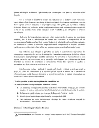 6
generar estrategias específicas y pertinentes que contribuyan a un ejercicio autónomo como
docente.
Con la finalidad de acreditar el curso II los productos que se elaboren serán evaluados a
través del portafolio de evidencias, donde se plasmen procesos únicos y diferenciados de cada uno
de los sujetos, tomando en cuenta su propio aprendizaje, estilo y ritmo, así el punto de partida y
de llegada del proceso evaluativo será el propio sujeto que aprende y que es el que construye día
a día con su práctica diaria. Estos productos serán recabados y se entregarán en archivos
electrónicos.
Cada uno de los productos esperados estará evidenciando el proceso de aprendizaje
obtenido, por lo que la metodología de trabajo está vinculada al cumplimiento de las
competencias señaladas en el perfil de egreso. Mediante la adaptación del modelo de evaluación
por portafolio de Dundee1
la evaluación longitudinal de las competencias se integrará y quedará
registrada como evidencia en el portafolio que los docentes construirán a lo largo del curso.
Las evidencias que integren el portafolio así como la auto-reflexión representan los
insumos más importantes del proceso de evaluación. Para cada competencia se definió un mínimo
de evaluaciones a completar para acreditar las mismas. Por tal motivo es importante que en cada
uno de los productos los docentes, en su portafolio final elaboren una reflexión escrita donde
describan su proceso de aprendizaje y conclusiones finales. Este ejercicio le ayudará a
autoevaluarse y determinar aciertos y desaciertos.
Esta forma de evaluar facilitará el trabajo profesional y reflejará su sello personal, su
grupo, su curso, su compromiso, y el aprendizaje que aporte al análisis de la variedad de
información que podrá disponer. Asimismo le permitirá manifestar el trabajo colaborativo que
realiza con la familia y con otros docentes.
Criterios para los productos del portafolio de evidencias:
Los productos serán catalogados como evidencias cuando:
1. Los trabajos y participaciones escritas, los trabajos desarrollados en equipo, así como los
estudios de caso, se sustenten en la reflexión como herramienta fundamental de análisis.
2. Se haga una relación directa con el campo de Desarrollo Personal y Social.
3. Manifiesten procesos de apropiación de los enfoques de la RIEB
4. Den cuenta de los temas desarrollados a lo largo del curso a través de una práctica
autorreflexiva y pensamiento crítico.
Criterios de evaluación y acreditación del curso:
1
M. Friedman Ben David. ,et al. Portafolios as a method of student assessment No 24 AMEE Education Teacher 23(6)
2001
 