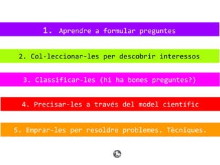 2. Col·leccionar-les per descobrir interessos
1. Aprendre a formular preguntes
3. Classificar-les (hi ha bones preguntes?)
4. Precisar-les a través del model científic
5. Emprar-les per resoldre problemes. Tècniques.
 