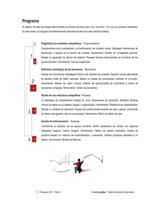 Programa
El objetivo de esta tecnología está centrado en brindar recursos para LEER, MOVERSE Y ACTUAR en contextos inestables.
Este nivel de entrenamiento está estructurado en cuatro módulos trabajo con los grupos de herramientas y modelos para
cada competencia, más un módulo introductorio de presentación de los principios que sustentan la tecnología.



                   Principios de cambio · Dimensión de contexto y dimensión personal
                   Abordaje de la complejidad y trasformación del contexto actual. Incertidumbre, desconcierto y
                   posicionamiento estratégico. Transformación de paradigmas e impacto en el proceso de gestión.
                   Nuevas competencias personales y culturales. Los principios de la tecnología de transformación y
                   posibilidades de implementación.

                   Ampliar la capacidad de lectura · Posicionarse frente a la complejidad del contexto
                   Desplegar dimensiones de tendencias y rupturas en la lectura del contexto. Herramienta: Análisis de
                   complejidad sectorial. Procesar factores desconocidos en la lectura de los acontecimientos.
                   Herramienta: Test de subjetividad. Diseñar alternativas antes de actuar. Modelo de conversación
                   para la acción. Herramienta: Modelo de cuatro círculos.

                   Diseñar movimientos estratégicos · Sostener la capacidad de respuesta frente a la inestabilidad
                   Diseñar una arquitectura competitiva basada en cinco dimensiones de desarrollo. Herramienta:
                   Plataforma de competitividad. Evaluación de factores críticos de competitividad. Herramienta: Test de
                   competitividad. Diseño de contextos de desarrollo a través de escenarios complejos. Herramienta:
                   Tablero de decisiones.

                   Gestionar las intervenciones · Mantener las posibilidades en diferentes niveles de acción
                   Diseñar una cultura de cambio para transformar la dinámica de los grupos humanos. Herramienta:
                   Dimensiones de cambio. Integración del cambio cultural alineado con factores de negocios.
                   Herramienta: Tablero de cambio corporativo. Gestión de los proyectos corporativos en un tablero.
                   Herramienta: Modelo de Matrices.




              3   Programa 2011 · Nivel 1                              © estrategika · Todos los derechos reservados
 