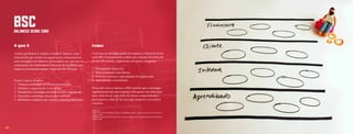 BSC
     BALANCED SCORE CARD


     O que é                                                       Como

     Criado por Robert S. Kaplan e David P. Norton, é um           Com base na estratégia global da empresa, o Balanced Score-
     framework que auxilia as organizações a transformar           card [BSC] normalmente contém um conjunto diversificado
     suas estratégias em objetivos operacionais que, por sua vez   de 16 a 28 medidas, organizadas em quatro categorias:
     constituirão um roteiro para a obtenção de resultados nos
     negócios, permitindo atingir o desempenho desejado.           1.   Desempenho financeiro
                                                                   2.   Relacionamento com clientes
                                                                   3.   Processos internos e aprendizado da organização
     Possui 5 macro desafios:                                      4.   Aprendizado e crescimento
     1. Traduzir a estratégia em termos operacionais
     2. Alinhar a organização à estratégia                         De acordo com os autores, o BSC permite que a estratégia
     3. Transformar a estratégia em tarefa de toda a organização   organizacional seja uma resposta e não apenas uma abstração;
     4. Converter a estratégia em processo contínuo                uma razão de ser com visão de futuro compartilhada e
     5. Mobilizar a mudança por meio da Liderança Executiva        participativa, além de ser um jogo dinâmico, executável
                                                                   e factível.

                                                                   Referências:
                                                                   KAPLAN, Norton e NORTON, David S. A Estratégia em Ação – Balanced Scorecard. Rio de Janeiro:
                                                                   Campus, 1996.
                                                                   HERRERO, Emílio. Balanced Scorecard e a gestão estratégica: um abordagem prática. Rio de Janeiro:
                                                                   Campus, 2005.




12
 