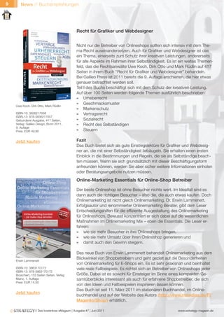 9      News // Buchempfehlungen




                                                Recht für Grafiker und Webdesigner


                                                Nicht nur die Betreiber von Onlineshops sollten sich intensiv mit dem The-
                                                ma Recht auseinandersetzen. Auch für Grafiker und Webdesigner ist das
                                                ein Thema, einerseits zum Schutz ihrer kreativen Leistungen, andererseits
                                                für alle Aspekte im Rahmen ihrer Selbständigkeit. Es ist ein weites Themen-
                                                feld, das die Rechtsanwälte Uwe Koch, Dirk Otto und Mark Rüdlin auf 417
                                                Seiten in ihrem Buch “ Recht für Grafiker und Webdesigner” behandeln.
                                                Bei Galileo Press ist 2011 bereits die 9. Auflage erschienen, die hier etwas
                                                genauer betrachtet werden soll.
                                                Teil I des Buchs beschäftigt sich mit dem Schutz der kreativen Leistung.
                                                Auf über 100 Seiten werden folgende Themen ausführlich beschrieben:
                                                » Urheberrecht
                                                » Geschmacksmuster
    Uwe Koch, Dirk Otto, Mark Rüdlin
                                                » Markenschutz
    ISBN-10: 3836217058                         » Vertragsrecht
    ISBN-13: 978-3836217057
    Gebundene Ausgabe, 417 Seiten,              » Sozialrecht
    Verlag: Galileo Design, Bonn 2011,          » Recht des Selbständigen
    9. Auflage
    Preis: EUR 49,90                            » Steuern

    Jetzt kaufen                                Fazit
                                                Das Buch bietet sich als gute Einstiegslektüre für Grafiker und Webdesig-
                                                ner an, die mit einer Selbständigkeit liebäugeln. Sie erhalten einen ersten
                                                Einblick in die Bestimmungen und Regeln, die sie als Selbständige beach-
                                                ten müssen. Wenn sie sich grundsätzlich mit dieser Beschäftigungsform
                                                anfreunden können, werden Sie aber sicher weitere Informationen einholen
                                                oder Beratungsangebote nutzen müssen.

                                                Online-Marketing Essentials für Online-Shop Betreiber

                                                Der beste Onlineshop ist ohne Besucher nichts wert. Im Idealfall sind es
                                                dann auch die richtigen Besucher – also die, die auch etwas kaufen. Doch
                                                Onlinemarketing ist nicht gleich Onlinemarketing. Dr. Erwin Lammenett,
                                                Erfolgsautor und renommierter Onlinemarketing Berater, gibt dem Leser
                                                Entscheidungshilfen für die effiziente Ausgestaltung des Onlinemarketing
                                                für Onlineshops. Bewusst konzentriert er sich dabei auf die wesentlichen
                                                Maßnahmen im Onlinemarketing Mix – eben die Essentials. Die Leser er-
                                                fahren:
                                                » wie sie mehr Besucher in ihre Onlineshops bringen,
                                                » wie sie mehr Umsatz über ihren Onlineshop generieren und
                                                » damit auch den Gewinn steigern.

                                                Das neue Buch von Erwin Lammenett behandelt Onlinemarketing aus dem
                                                Blickwinkel von Shopbetreibern und geht gezielt auf die Besonderheiten
    Erwin Lammenett
                                                von Onlinemarketing für E-Shops ein. Es ist sehr praxisnah und beinhaltet
    ISBN-10: 3863170172                         viele reale Fallbeispiele. Es richtet sich an Betreiber von Onlineshops jeder
    ISBN-13: 978-3863170172
    Broschiert, 153 Seiten Seiten, Verlag       Größe. Dabei ist es sowohl für Einsteiger im Sinne eines kompakten Ge-
    Mainz, 1. Auflage                           samtüberblicks interessant als auch für erfahrene Shopbetreiber, die sich
    Preis: EUR 14,50
                                                von den Ideen und Fallbeispielen inspirieren lassen können.
                                                Das Buch ist seit 11. März 2011 im stationären Buchhandel, im Online-
    Jetzt kaufen
                                                buchhandel und auf der Website des Autors (http://www.inmedias.de/P/
                                                Magento/Shop/) erhältlich.

                  // Das kostenlose eMagazin | Ausgabe #7 | Juni 2011                                    www.estrategy-magazin.de
 