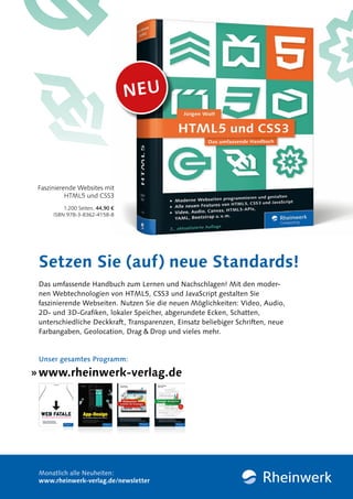 NEU
» www.rheinwerk-verlag.de
Unser gesamtes Programm:
1.200 Seiten, 44,90 €
ISBN 978-3-8362-4158-8
Faszinierende Websites...