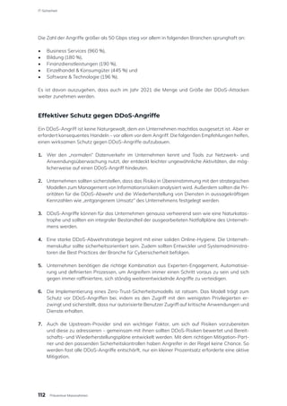 Die Zahl der Angriffe größer als 50 Gbps stieg vor allem in folgenden Branchen sprunghaft an:
•	 Business Services (960 %),
•	 Bildung (180 %),
•	 Finanzdienstleistungen (190 %),
•	 Einzelhandel & Konsumgüter (445 %) und
•	 Software & Technologie (196 %).
Es ist davon auszugehen, dass auch im Jahr 2021 die Menge und Größe der DDoS-Attacken
weiter zunehmen werden.
Effektiver Schutz gegen DDoS-Angriffe
Ein DDoS-Angriff ist keine Naturgewalt, dem ein Unternehmen machtlos ausgesetzt ist. Aber er
erfordert konsequentes Handeln – vor allem vor dem Angriff. Die folgenden Empfehlungen helfen,
einen wirksamen Schutz gegen DDoS-Angriffe aufzubauen.
1.	 Wer den „normalen“ Datenverkehr im Unternehmen kennt und Tools zur Netzwerk- und
Anwendungsüberwachung nutzt, der entdeckt leichter ungewöhnliche Aktivitäten, die mög-
licherweise auf einen DDoS-Angriff hindeuten.
2.	 Unternehmen sollten sicherstellen, dass das Risiko in Übereinstimmung mit den strategischen
Modellen zum Management von Informationsrisiken analysiert wird. Außerdem sollten die Pri-
oritäten für die DDoS-Abwehr und die Wiederherstellung von Diensten in aussagekräftigen
Kennzahlen wie „entgangenem Umsatz“ des Unternehmens festgelegt werden.
3.	 DDoS-Angriffe können für das Unternehmen genauso verheerend sein wie eine Naturkatas-
trophe und sollten ein integraler Bestandteil der ausgearbeiteten Notfallpläne des Unterneh-
mens werden.
4.	 Eine starke DDoS-Abwehrstrategie beginnt mit einer soliden Online-Hygiene. Die Unterneh-
menskultur sollte sicherheitsorientiert sein. Zudem sollten Entwickler und Systemadministra-
toren die Best Practices der Branche für Cybersicherheit befolgen.
5.	 Unternehmen benötigen die richtige Kombination aus Experten-Engagement, Automatisie-
rung und definierten Prozessen, um Angreifern immer einen Schritt voraus zu sein und sich
gegen immer raffiniertere, sich ständig weiterentwickelnde Angriffe zu verteidigen.
6.	 Die Implementierung eines Zero-Trust-Sicherheitsmodells ist ratsam. Das Modell trägt zum
Schutz vor DDoS-Angriffen bei, indem es den Zugriff mit den wenigsten Privilegierten er-
zwingt und sicherstellt, dass nur autorisierte Benutzer Zugriff auf kritische Anwendungen und
Dienste erhalten.
7.	 Auch die Upstream-Provider sind ein wichtiger Faktor, um sich auf Risiken vorzubereiten
und diese zu adressieren – gemeinsam mit ihnen sollten DDoS-Risiken bewertet und Bereit-
schafts- und Wiederherstellungspläne entwickelt werden. Mit dem richtigen Mitigation-Part-
ner und den passenden Sicherheitskontrollen haben Angreifer in der Regel keine Chance. So
werden fast alle DDoS-Angriffe entschärft, nur ein kleiner Prozentsatz erforderte eine aktive
Mitigation.
112
IT-Sicherheit
Präventive Massnahmen
 