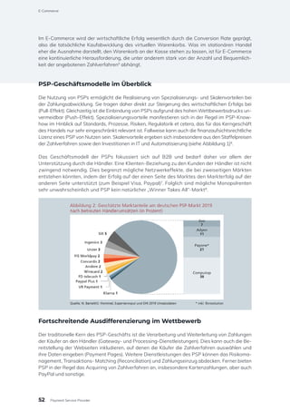 Im E-Commerce wird der wirtschaftliche Erfolg wesentlich durch die Conversion Rate geprägt,
also die tatsächliche Kaufabwicklung des virtuellen Warenkorbs. Was im stationären Handel
eher die Ausnahme darstellt, den Warenkorb an der Kasse stehen zu lassen, ist für E-Commerce
eine kontinuierliche Herausforderung, die unter anderem stark von der Anzahl und Bequemlich-
keit der angebotenen Zahlverfahren5
abhängt.
PSP-Geschäftsmodelle im Überblick
Die Nutzung von PSPs ermöglicht die Realisierung von Spezialisierungs- und Skalenvorteilen bei
der Zahlungsabwicklung. Sie tragen daher direkt zur Steigerung des wirtschaftlichen Erfolgs bei
(Pull-Effekt). Gleichzeitig ist die Einbindung von PSPs aufgrund des hohen Wettbewerbsdrucks un-
vermeidbar (Push-Effekt). Spezialisierungsvorteile manifestieren sich in der Regel im PSP-Know-
how im Hinblick auf Standards, Prozesse, Risiken, Regulatorik et cetera, das für das Kerngeschäft
des Handels nur sehr eingeschränkt relevant ist. Fallweise kann auch die finanzaufsichtsrechtliche
Lizenz eines PSP von Nutzen sein. Skalenvorteile ergeben sich insbesondere aus den Staffelpreisen
der Zahlverfahren sowie den Investitionen in IT und Automatisierung (siehe Abbildung 1)6
.
Das Geschäftsmodell der PSPs fokussiert sich auf B2B und bedarf daher vor allem der
Unterstützung durch die Händler. Eine Klienten-Beziehung zu den Kunden der Händler ist nicht
zwingend notwendig. Dies begrenzt mögliche Netzwerkeffekte, die bei zweiseitigen Märkten
entstehen könnten, indem der Erfolg auf der einen Seite des Marktes den Markterfolg auf der
anderen Seite unterstützt (zum Beispiel Visa, Paypal)7
. Folglich sind mögliche Monopolrenten
sehr unwahrscheinlich und PSP kein natürlicher „Winner Takes All“-Markt8
.
Fortschreitende Ausdifferenzierung im Wettbewerb
Der traditionelle Kern des PSP-Geschäfts ist die Verarbeitung und Weiterleitung von Zahlungen
der Käufer an den Händler (Gateway- und Processing-Dienstleistungen). Dies kann auch die Be-
reitstellung der Webseiten inkludieren, auf denen die Käufer die Zahlverfahren auswählen und
ihre Daten eingeben (Payment Pages). Weitere Dienstleistungen des PSP können das Risikoma-
nagement, Transaktions- Matching (Reconciliation) und Zahlungseinzug abdecken. Ferner bieten
PSP in der Regel das Acquiring von Zahlverfahren an, insbesondere Kartenzahlungen, aber auch
PayPal und sonstige.
52
E-Commerce
Payment Service Provider
 