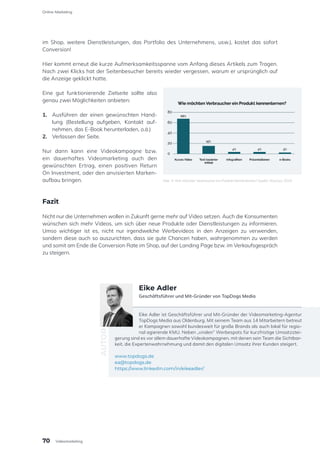 im Shop, weitere Dienstleistungen, das Portfolio des Unternehmens, usw.), kostet das sofort
Conversion!
Hier kommt erneut die kurze Aufmerksamkeitsspanne vom Anfang dieses Artikels zum Tragen.
Nach zwei Klicks hat der Seitenbesucher bereits wieder vergessen, warum er ursprünglich auf
die Anzeige geklickt hatte.
Eine gut funktionierende Zielseite sollte also
genau zwei Möglichkeiten anbieten:
1.	 Ausführen der einen gewünschten Hand-
lung (Bestellung aufgeben, Kontakt auf-
nehmen, das E-Book herunterladen, o.ä.)
2.	 Verlassen der Seite.
Nur dann kann eine Videokampagne bzw.
ein dauerhaftes Videomarketing auch den
gewünschten Ertrag, einen positiven Return
On Investment, oder den anvisierten Marken-
aufbau bringen.
Fazit
Nicht nur die Unternehmen wollen in Zukunft gerne mehr auf Video setzen. Auch die Konsumenten
wünschen sich mehr Videos, um sich über neue Produkte oder Dienstleistungen zu informieren.
Umso wichtiger ist es, nicht nur irgendwelche Werbevideos in den Anzeigen zu verwenden,
sondern diese auch so auszurichten, dass sie gute Chancen haben, wahrgenommen zu werden
und somit am Ende die Conversion Rate im Shop, auf der Landing Page bzw. im Verkaufsgespräch
zu steigern.
Eike Adler ist Geschäftsführer und Mit-Gründer der Videomarketing-Agentur
TopDogs Media aus Oldenburg. Mit seinem Team aus 14 Mitarbeitern betreut
er Kampagnen sowohl bundesweit für große Brands als auch lokal für regio-
nal agierende KMU. Neben „viralen“ Werbespots für kurzfristige Umsatzstei-
gerung sind es vor allem dauerhafte Videokampagnen, mit denen sein Team die Sichtbar-
keit, die Expertenwahrnehmung und damit den digitalen Umsatz ihrer Kunden steigert.
www.topdogs.de
ea@topdogs.de
https://www.linkedin.com/in/eikeadler/
AUTOR
Eike Adler
Geschäftsführer und Mit-Gründer von TopDogs Media
Abb. 4: Wie möchten Verbraucher ein Produkt kennenlernen? Quelle: Wyzowl, 2019
70
Online-Marketing
Videomarketing
 