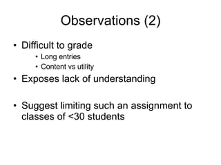 Observations (2) <ul><li>Difficult to grade  </li></ul><ul><ul><ul><li>Long entries </li></ul></ul></ul><ul><ul><ul><li>Co...