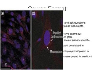 Course Format Lecture-based Classical – sit, listen and ask questions 50% of lectures by “guest” specialists Marks 50% non-comprehensive exams (2) 25% paper summaries (10) 1 page summaries of primary scientific literature 25% cancer gene report developed in MediaWiki Extra credit for top reports if posted to Wikipedia 6 of 35 reports were posted for credit; +1 voluntary 