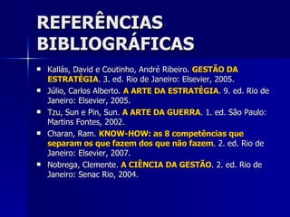 REFERÊNCIAS BIBLIOGRÁFICAS Kallás, David e Coutinho, André Ribeiro.  GESTÃO DA ESTRATÉGIA . 3. ed. Rio de Janeiro: Elsevier, 2005. Júlio, Carlos Alberto.  A ARTE DA ESTRATÉGIA . 9. ed. Rio de Janeiro: Elsevier, 2005. Tzu, Sun e Pin, Sun.  A ARTE DA GUERRA . 1. ed. São Paulo: Martins Fontes, 2002. Charan, Ram.  KNOW-HOW: as 8 competências que separam os que fazem dos que não fazem . 2. ed. Rio de Janeiro: Elsevier, 2007. Nobrega, Clemente.  A CIÊNCIA DA GESTÃO . 2. ed. Rio de Janeiro: Senac Rio, 2004. 