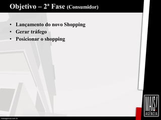 Objetivo – 2ª Fase  (Consumidor) Lançamento do novo Shopping Gerar tráfego Posicionar o shopping 