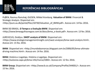REFERÊNCIAS BIBLIOGRÁFICAS
PLØEN, Rasmus Ramshøj; OLESEN, Mikkel Kronborg. Valuation of BMW: Financial &
Strategic Analysis. Disponível em:
<http://pure.au.dk/portal/files/10730/Valuation_of_BMW.pdf>. Acesso em: 14 fev. 2016.
BMW DO BRASIL. O Tempo e a Evolução BMW. Disponível em:
<http://www.bmwagulhasnegras.com.br/docs/bmw_e-book.pdf>. Acesso em: 13 fev. 2016.
JUREVICIUS, Ovidijus. SWOT analysis of BMW. Disponível em:
<https://www.strategicmanagementinsight.com/swot-analyses/bmw-swot-analysis.html>.
Acesso em: 15 fev. 2016.
BMW. Disponível em: <http://mundodasmarcas.blogspot.com.br/2006/05/bmw-ultimate-
driving-machine.html>. Acesso em: 14 fev. 2016.
BMW: História e Logotipo. História e Logotipo. Disponível em:
<http://autoviva.sapo.pt/bmw-info/marca/1083>. Acesso em: 12 fev. 2016.
BMW Group. Disponível em: <http://www.b.co.uk/Company/Profile/344001/>. Acesso em:
15 fev. 2016.
 