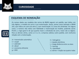 CURIOSIDADE
Os nomes dados aos modelos dos carros da BMW seguem um padrão, que indica, em
três dígitos, o modelo do carro e sua motorização. Assim, temos como exemplo o BMW
325, que indica um carro da série 3, com motorização 2.5 Litros de cilindrada. Em alguns
casos, o número não indica com fidelidade a motorização do modelo, podendo variar.
Porém, a regra geral é de que quanto maior a cilindrada do carro, maior são os dígitos.
Para as demais séries, como a Z e a X, a empresa adotou outro padrão, sem nenhuma
relação com a motorização.
ESQUEMA DE NOMEAÇÃO
A = transmissão automática
C = coupé
c = cabriolet
d = diesel
e = economia eficiente
g = GNV
h = hidrogênio
i = injeção eletrônica
L = longa distância entre os eixos
T = touring
Ti = hatchback
x / xDrive = tração nas quatro rodas
 