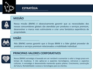 ESTRATÉGIA
Nossa missão (BMW) é obsessivamente garantir que as necessidades dos
nossos consumidores globais são atendidas por produtos e serviços premium,
desenvolver a marca mais estimulante e criar uma fantástica experiência de
propriedade.
MISSÃO
Nós (BMW) vamos garantir que o Grupo BMW é o líder global provedor de
produtos e serviços premium relacionados a mobilidade individual.
VISÃO
Nossa (BMW) estratégia é baseada em ser rentável e aumentar o valor a longo prazo em
tempo de mudança. E isto aplica-se a aspectos tecnológicos, estrutura e aspectos
culturais. A estratégia é desenvolvida mantendo quatro pilares: Crecimento, construção
de futuro, Rentabilidade e acesso a tecnologias para os clientes.
PRINCIPAIS VALORES CORPORATIVOS
 