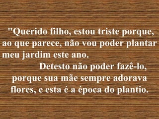 "Querido filho, estou triste porque, ao que parece, não vou poder plantar meu jardim este ano.  Detesto não poder fazê-lo, porque sua mãe sempre adorava flores, e esta é a época do plantio. 