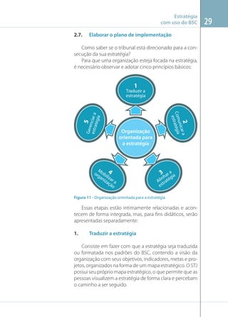 Estratégia
com uso do BSC
2.7.

Elaborar o plano de implementação

Como saber se o tribunal está direcionado para a consecução da sua estratégia?
Para que uma organização esteja focada na estratégia,
é necessário observar e adotar cinco princípios básicos:

1

2 car a
uni
Comtratégia
es

Gere 5
estranciar a
tégia

Traduzir a
estratégia

Organização
orientada para
a estratégia

M
or obi 4
ga liz
niz ar
aç a
ão

3 ar a ia
h
lin atég
A tr
es

Figura 11 - Organização orientada para a estratégia

Essas etapas estão intimamente relacionadas e acontecem de forma integrada, mas, para ﬁns didáticos, serão
apresentadas separadamente:
1.

Traduzir a estratégia

Consiste em fazer com que a estratégia seja traduzida
ou formatada nos padrões do BSC, contendo a visão da
organização com seus objetivos, indicadores, metas e projetos, organizados na forma de um mapa estratégico. O STJ
possui seu próprio mapa estratégico, o que permite que as
pessoas visualizem a estratégia de forma clara e percebam
o caminho a ser seguido.

29

 