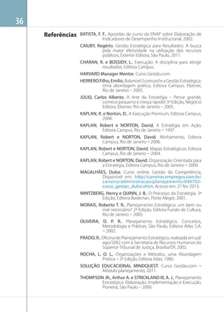 36
Referências

BATISTA, F. F., Apostilas do curso da ENAP sobre Elaboração de
Indicadores de Desempenho Institucional, 2002.
CAIUBY, Rogério, Gestão Estratégica para Resultados: A busca
pela maior efetividade na utilização dos recursos
públicos, Exterior Editora, São Paulo, 2011.
CHARAN, R. e BOSSIDY, L., Execução: A disciplina para atingir
resultados, Editora Campus.
HARVARD Manager Mentor, Curso Gestão.com.
HERRERO Filho, Emílio, Balanced Scorecard e a Gestão Estratégica:
Uma abordagem prática, Editora Campus, Elsevier,
Rio de Janeiro – 2005.
JÚLIO, Carlos Alberto, A Arte da Estratégia – Pense grande,
comece pequeno e cresça rápido! 3ª Edição, Negócio
Editora, Elsevier, Rio de Janeiro – 2005.
KAPLAN, R. e Norton, D., A Execução Premium, Editora Campus,
2008.
KAPLAN, Robert e NORTON, David, A Estratégia em Ação,
Editora Campus, Rio de Janeiro – 1997.
KAPLAN, Robert e NORTON, David, Alinhamento, Editora
Campus, Rio de Janeiro – 2006.
KAPLAN, Robert e NORTON, David, Mapas Estratégicos, Editora
Campus, Rio de Janeiro – 2004.
KAPLAN, Robert e NORTON, David, Organização Orientada para
a Estratégia, Editora Campus, Rio de Janeiro – 2000.
MAGALHÃES, Dulce, Curso online: Gestão da Competência,
Disponível em: http://carreiras.empregos.com.br/
carreira/administracao/planejamento/040702curso_gestao_dulce.shtm, Acesso em: 27 fev 2013.
MINTZBERG, Henry e QUINN, J. B., O Processo da Estratégia, 3ª
Edição, Editora Bookman, Porto Alegre, 2001.
MORAIS, Roberto T. R., Planejamento Estratégico: um bem ou
mal necessário? 2ª Edição, Editora Fundo de Cultura,
Rio de Janeiro – 2005.
OLIVEIRA, D. P. R., Planejamento Estratégico, Conceitos,
Metodologia e Práticas, São Paulo, Editora Atlas S.A.
– 2002.
PRADO, R., Oﬁcina de Planejamento Estratégico, realizada em jul/
ago/2002 com a Secretaria de Recursos Humanos do
Superior Tribunal de Justiça, Brasília/DF, 2002.
ROCHA, L. O. L., Organizações e Métodos, uma Abordagem
Prática – 2ª Edição, Editora Atlas, 1980.
SOLUÇÃO EDUCACIONAL MINDQUEST, Curso Gestão.com –
Módulo planejamento, 2011.
THOMPSON JR., Arthur A. e STRICKLAND III, A. J., Planejamento
Estratégico: Elaboração, Implementação e Execução,
Pioneira, São Paulo – 2000.

 