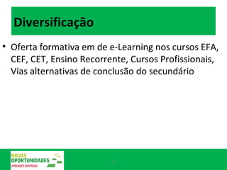 Diversificação Oferta formativa em de e-Learning nos cursos EFA, CEF, CET, Ensino Recorrente, Cursos Profissionais, Vias alternativas de conclusão do secundário 