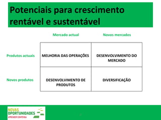 Potenciais para crescimento rentável e sustentável MELHORIA DAS OPERAÇÕES DESENVOLVIMENTO DO MERCADO DESENVOLVIMENTO DE PRODUTOS DIVERSIFICAÇÃO Mercado actual Novos mercados Produtos actuais Novos produtos 