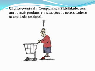  Cliente eventual : Compram sem fidelidade, com
 um ou mais produtos em situações de necessidade ou
 necessidade ocasional.
 