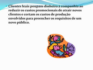  Clientes leais poupam dinheiro à companhia ao
 reduzir os custos promocionais de atrair novos
 clientes e cortam os custos de produção
 envolvidos para preencher os requisitos de um
 novo público.
 