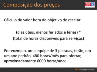 Composição dos preços

Cálculo do valor hora do objetivo de receita:

       (dias úteis, menos feriados e férias) *
     (total de horas disponíveis para serviços)

Por exemplo, uma equipe de 3 pessoas, terão, em
um ano padrão, 480 horas/mês para ofertar,
aproximadamente 6000 horas/ano;
 