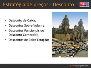 Estratégia de preços - Desconto

• Desconto de Caixa;
• Descontos Sobre Volume;
• Descontos Funcionais ou
  Desconto Comercial;
• Descontos de Baixa Estação;
 