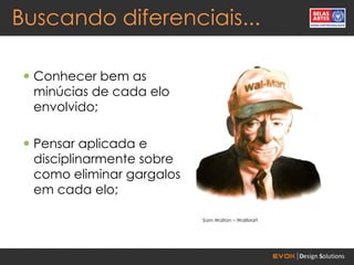 Buscando diferenciais...

  Conhecer bem as
   minúcias de cada elo
   envolvido;

  Pensar aplicada e
   disciplinarmente sobre
   como eliminar gargalos
   em cada elo;

                            Sam Walton – WallMart
 