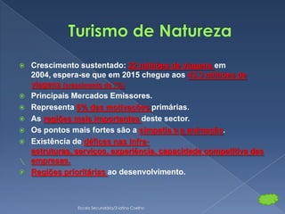    Crescimento sustentado: 22 milhões de viagens em
    2004, espera-se que em 2015 chegue aos 43,3 milhões de
    viagens (crescimento de 7%)
   Principais Mercados Emissores.
   Representa 6% das motivações primárias.
   As regiões mais importantes deste sector.
   Os pontos mais fortes são a simpatia e a animação.
   Existência de défices nas infra-
    estruturas, serviços, experiência, capacidade competitiva das
    empresas.
   Regiões prioritárias ao desenvolvimento.



                Escola Secundária/3 latino Coelho
 