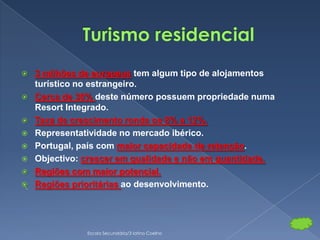    3 milhões de europeus tem algum tipo de alojamentos
    turístico no estrangeiro.
   Cerca de 30% deste número possuem propriedade numa
    Resort Integrado.
   Taxa de crescimento ronda os 8% a 12%.
   Representatividade no mercado ibérico.
   Portugal, país com maior capacidade de retenção.
   Objectivo: crescer em qualidade e não em quantidade.
   Regiões com maior potencial.
   Regiões prioritárias ao desenvolvimento.




               Escola Secundária/3 latino Coelho
 