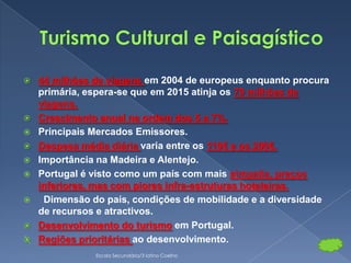    44 milhões de viagens em 2004 de europeus enquanto procura
    primária, espera-se que em 2015 atinja os 79 milhões de
    viagens.
   Crescimento anual na ordem dos 5 a 7%.
   Principais Mercados Emissores.
   Despesa média diária varia entre os 110€ e os 200€.
   Importância na Madeira e Alentejo.
   Portugal é visto como um país com mais simpatia, preços
    inferiores, mas com piores infra-estruturas hoteleiras.
    Dimensão do país, condições de mobilidade e a diversidade
    de recursos e atractivos.
   Desenvolvimento do turismo em Portugal.
   Regiões prioritárias ao desenvolvimento.
               Escola Secundária/3 latino Coelho
 