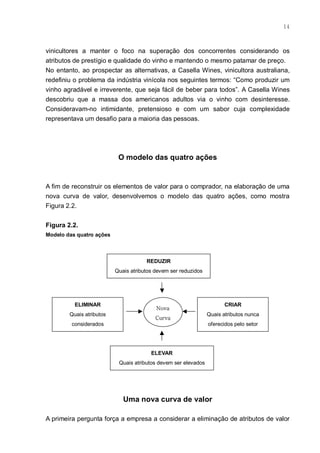 14



vinicultores a manter o foco na superação dos concorrentes considerando os
atributos de prestígio e qualidade do vinho e mantendo o mesmo patamar de preço.
No entanto, ao prospectar as alternativas, a Casella Wines, vinicultora australiana,
redefiniu o problema da indústria vinícola nos seguintes termos: “Como produzir um
vinho agradável e irreverente, que seja fácil de beber para todos”. A Casella Wines
descobriu que a massa dos americanos adultos via o vinho com desinteresse.
Consideravam-no intimidante, pretensioso e com um sabor cuja complexidade
representava um desafio para a maioria das pessoas.




                           O modelo das quatro ações


A fim de reconstruir os elementos de valor para o comprador, na elaboração de uma
nova curva de valor, desenvolvemos o modelo das quatro ações, como mostra
Figura 2.2.


Figura 2.2.
Modelo das quatro ações



                                      REDUZIR
                          Quais atributos devem ser reduzidos




          ELIMINAR                                                     CRIAR
                                          Nova
        Quais atributos                                         Quais atributos nunca
                                          Curva
         considerados                                           oferecidos pelo setor




                                        ELEVAR
                           Quais atributos devem ser elevados




                             Uma nova curva de valor

A primeira pergunta força a empresa a considerar a eliminação de atributos de valor
 