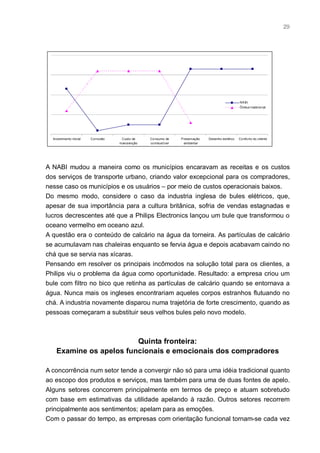 29




                                                                                                    NA BI
                                                                                                    Ônibus tradicio nal




  Investimento inicial   Co rro são    Custo de    Co nsumo de    P reservação   Desenho estético   Co nfo rto do cliente
                                      manutenção   co mbustível     ambiental




A NABI mudou a maneira como os municípios encaravam as receitas e os custos
dos serviços de transporte urbano, criando valor excepcional para os compradores,
nesse caso os municípios e os usuários – por meio de custos operacionais baixos.
Do mesmo modo, considere o caso da industria inglesa de bules elétricos, que,
apesar de sua importância para a cultura britânica, sofria de vendas estagnadas e
lucros decrescentes até que a Philips Electronics lançou um bule que transformou o
oceano vermelho em oceano azul.
A questão era o conteúdo de calcário na água da torneira. As partículas de calcário
se acumulavam nas chaleiras enquanto se fervia água e depois acabavam caindo no
chá que se servia nas xícaras.
Pensando em resolver os principais incômodos na solução total para os clientes, a
Philips viu o problema da água como oportunidade. Resultado: a empresa criou um
bule com filtro no bico que retinha as partículas de calcário quando se entornava a
água. Nunca mais os ingleses encontrariam aqueles corpos estranhos flutuando no
chá. A industria novamente disparou numa trajetória de forte crescimento, quando as
pessoas começaram a substituir seus velhos bules pelo novo modelo.



                         Quinta fronteira:
    Examine os apelos funcionais e emocionais dos compradores

A concorrência num setor tende a convergir não só para uma idéia tradicional quanto
ao escopo dos produtos e serviços, mas também para uma de duas fontes de apelo.
Alguns setores concorrem principalmente em termos de preço e atuam sobretudo
com base em estimativas da utilidade apelando à razão. Outros setores recorrem
principalmente aos sentimentos; apelam para as emoções.
Com o passar do tempo, as empresas com orientação funcional tornam-se cada vez
 