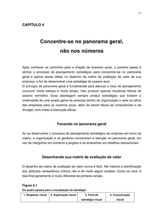 34



CAPÍTULO 4



              Concentre-se no panorama geral,
                             não nos números


Após conhecer os caminhos para a criação de oceanos azuis, o próximo passo é
alinhar o processo de planejamento estratégico para concentrar-se no panorama
geral e aplicar essas idéias no desenho da matriz de avaliação de valor de sua
empresa, a fim de desenvolver uma estratégia do oceano azul.
O principio de panorama geral é fundamental para atenuar o risco de planejamento
consumir muito esboço e muito tempo, mas produzir apenas iniciativas táticas de
oceano vermelho. Essa abordagem sempre produz estratégias que tiveram a
criatividade de uma ampla gama de pessoas dentro da organização e abre os olhos
das empresas para os oceanos azuis, alem de serem fáceis de compreender e de
divulgar, com vistas à execução eficaz.



                           Focando no panorama geral

Ao se desenvolver o processo de planejamento estratégico da empresa em torno da
matriz, a organização e os gestores concentram a atenção no panorama geral, em
vez de mergulhar em números e jargões e se emaranhar em detalhes operacionais.



               Desenhando sua matriz de avaliação de valor

O desenho da matriz de avaliação de valor nunca é fácil. Até mesmo a identificação
dos atributos competitivos críticos não é de modo algum simples. Como se verá. A
lista final geralmente é muito diferente da primeira versão.


Figura 4.1
Os quatro passos para a visualização da estratégia
1. Despertar visual   2. Exploração visual       3. Feira de      4. Comunicação
                                              estratégia visual       visual
 