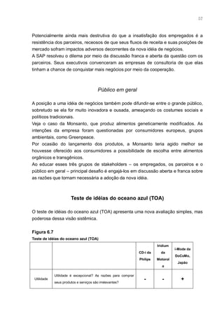 57



Potencialmente ainda mais destrutiva do que a insatisfação dos empregados é a
resistência dos parceiros, receosos de que seus fluxos de receita e suas posições de
mercado sofram impactos adversos decorrentes da nova idéia de negócios.
A SAP resolveu o dilema por meio da discussão franca e aberta da questão com os
parceiros. Seus executivos convenceram as empresas de consultoria de que elas
tinham a chance de conquistar mais negócios por meio da cooperação.



                                         Público em geral

A posição a uma idéia de negócios também pode difundir-se entre o grande público,
sobretudo se ela for muito inovadora e ousada, ameaçando os costumes sociais e
políticos tradicionais.
Veja o caso da Monsanto, que produz alimentos geneticamente modificados. As
intenções da empresa foram questionadas por consumidores europeus, grupos
ambientais, como Greenpeace.
Por ocasião do lançamento dos produtos, a Monsanto teria agido melhor se
houvesse oferecido aos consumidores a possibilidade de escolha entre alimentos
orgânicos e transgênicos.
Ao educar esses três grupos de stakeholders – os empregados, os parceiros e o
público em geral – principal desafio é engajá-los em discussão aberta e franca sobre
as razões que tornam necessária a adoção da nova idéia.



                       Teste de idéias do oceano azul (TOA)

O teste de idéias do oceano azul (TOA) apresenta uma nova avaliação simples, mas
poderosa dessa visão sistêmica.


Figura 6.7
Teste de idéias do oceano azul (TOA)
                                                                         Iridium
                                                                                   i-Mode da
                                                               CD-i da     da
                                                                                   DoCoMo,
                                                               Philips   Motorol
                                                                                    Japão
                                                                           a

             Utilidade é excepcional? As razões para comprar
 Utilidade                                                        -         -         +
             seus produtos e serviços são irrelevantes?
 
